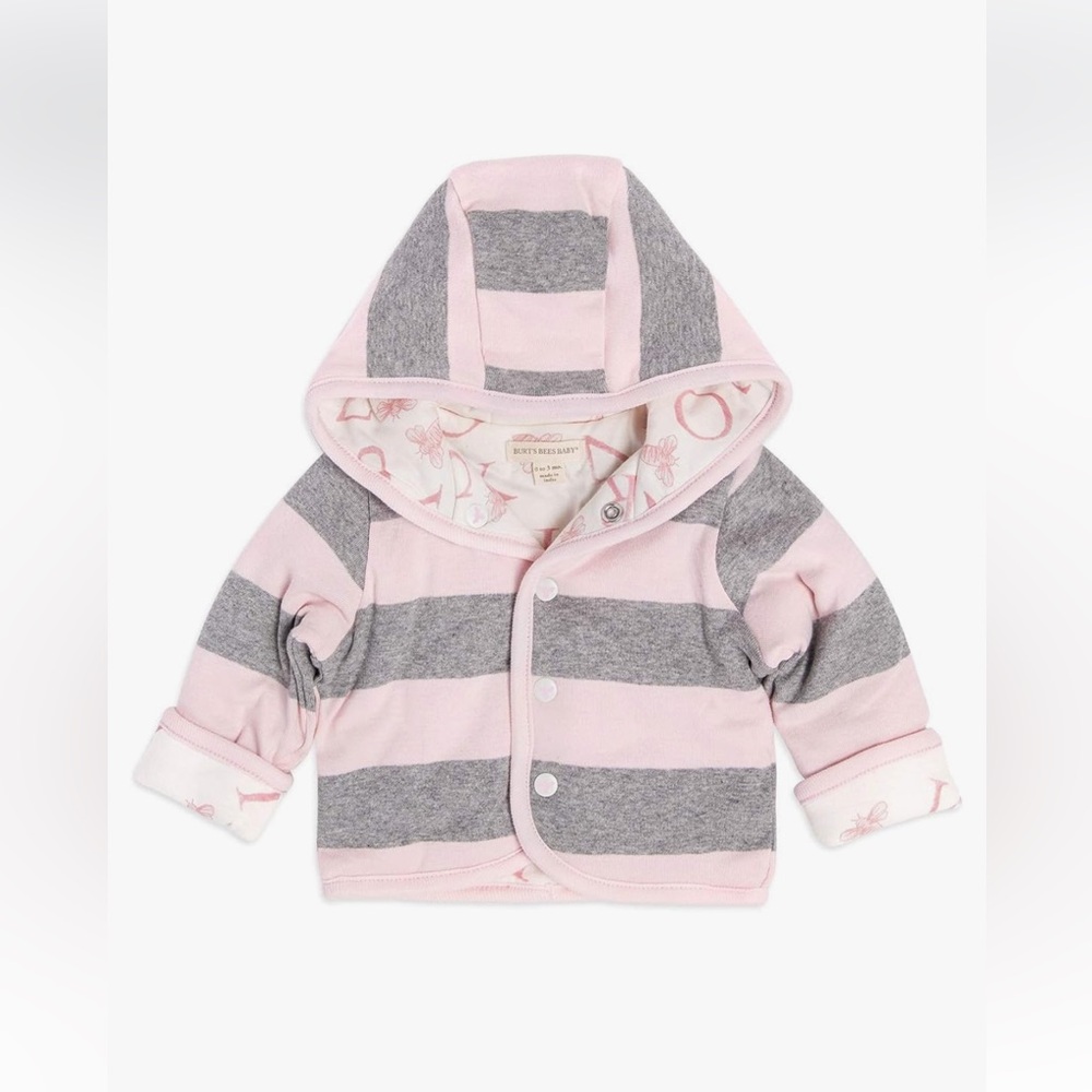 Burt's Bees Baby reversible pink gray button Sweatshirt Hood Organic Cotton 12m